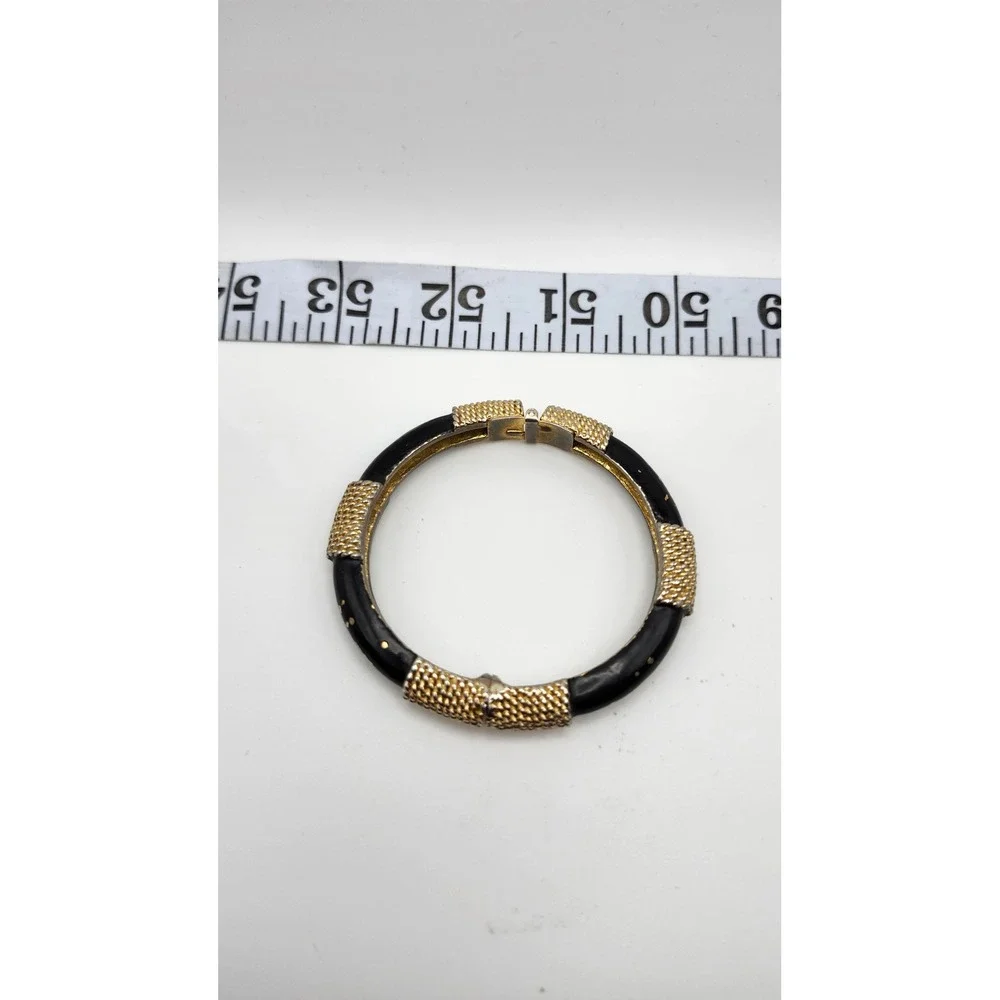 Black Enamel Bangle Bracelet Gold Tone Hinged Textured Panels Statement‎
